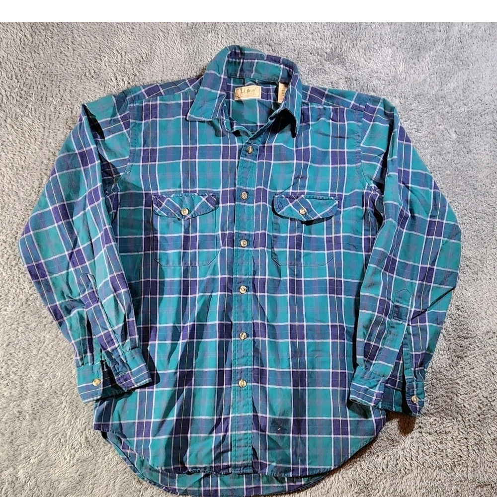 L.L. Bean Macflannel Shirt Men's Size Medium Blue Green Plaid Made in USA VTG